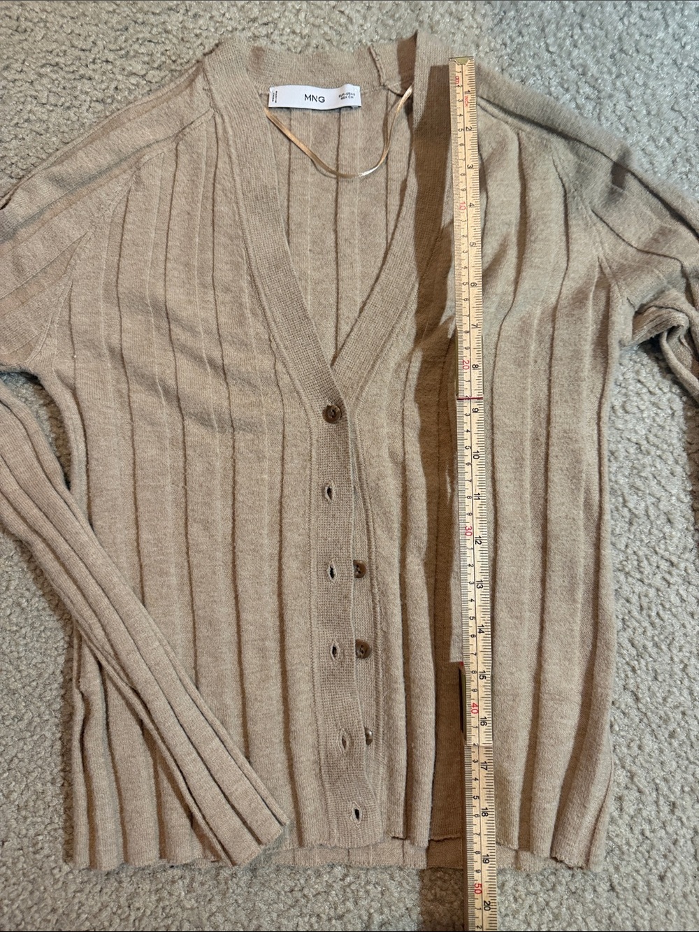 Mango Tan Ribbed V-Neck Button-Front Cardigan, Small - Picture 4 of 5